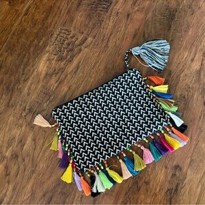 Big Buddha Black & White Zigzag Tassel Hobo Clutch